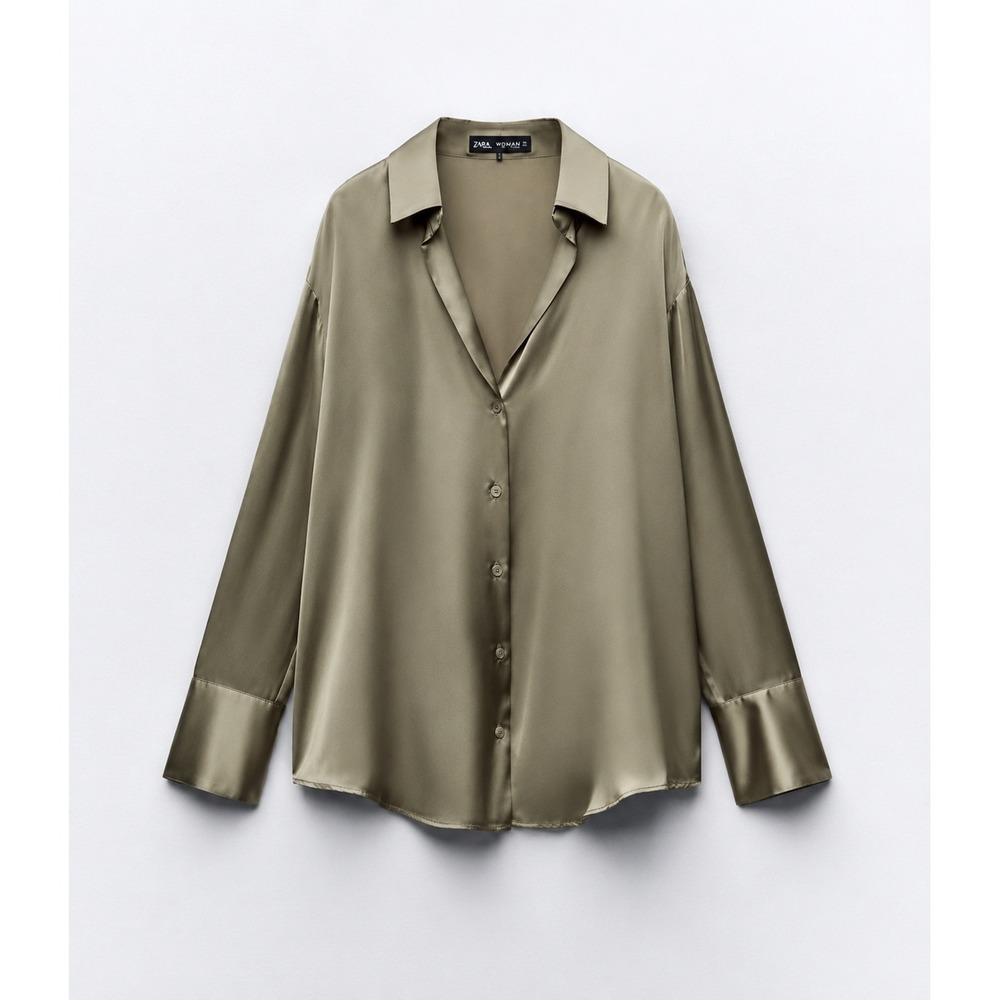 Zara Women Satin Shirt Flowing Oversized S Khaki Green Long Sleeve Old Money